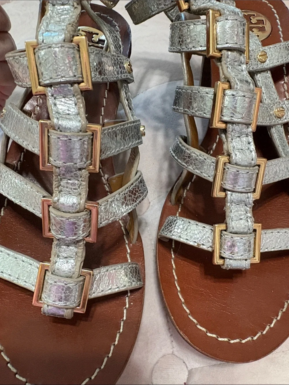 Tory Burch Silver Gladiator Buckle Sandals
